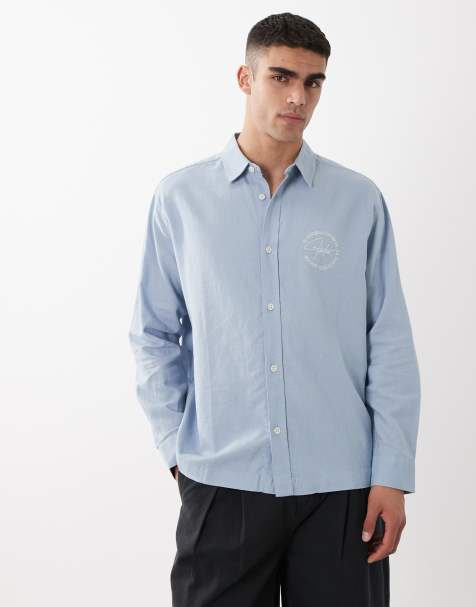 ASOS DESIGN relaxed linen blend shirt with chest embroidery in blue - view 1