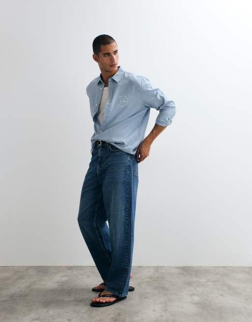 ASOS DESIGN relaxed linen blend shirt with chest embroidery in blue, 2 of 5