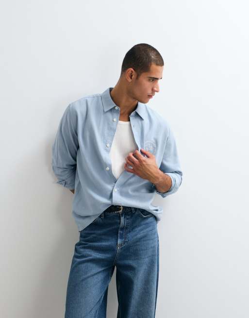 ASOS DESIGN relaxed linen blend shirt with chest embroidery in blue, 3 of 5