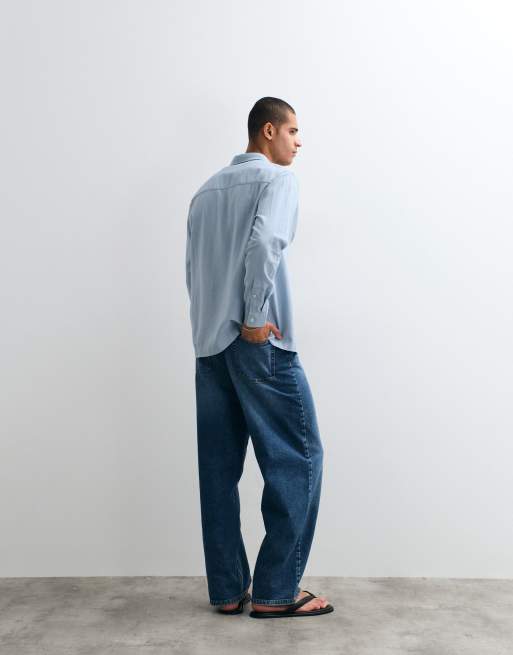 ASOS DESIGN relaxed linen blend shirt with chest embroidery in blue, 4 of 5