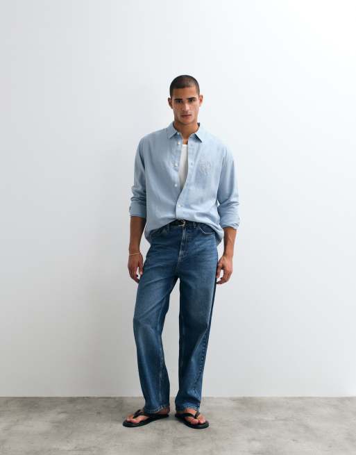 ASOS DESIGN relaxed linen blend shirt with chest embroidery in blue, 5 of 5