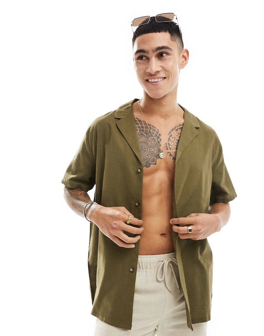 ASOS DESIGN relaxed linen blend shirt with deep revere collar in dark khaki-Green
