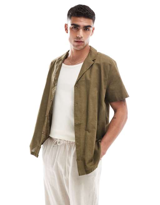 FhyzicsShops DESIGN relaxed linen blend shirt with deep revere collar in dark khaki