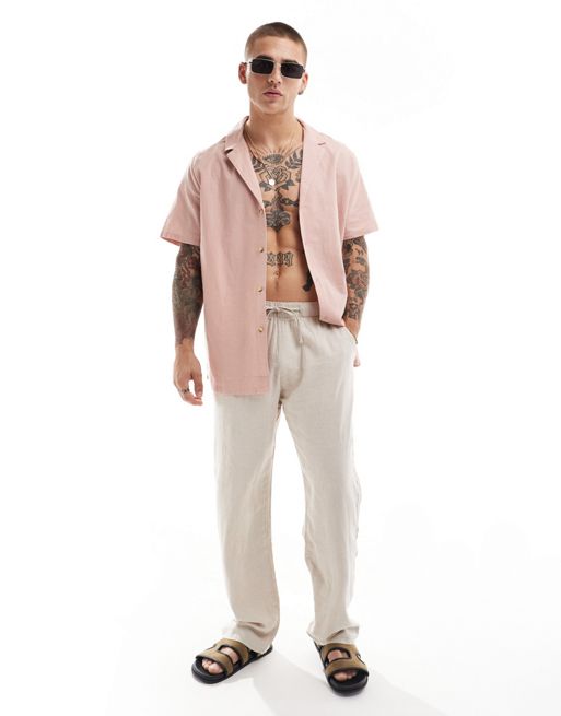  ASOS DESIGN relaxed linen blend shirt with deep revere collar in dusty pink
