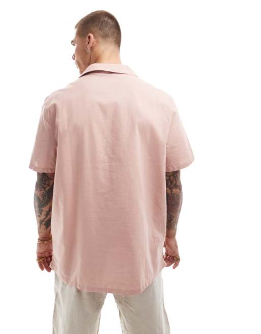 ASOS DESIGN relaxed linen blend shirt with deep revere collar in dusty pink
