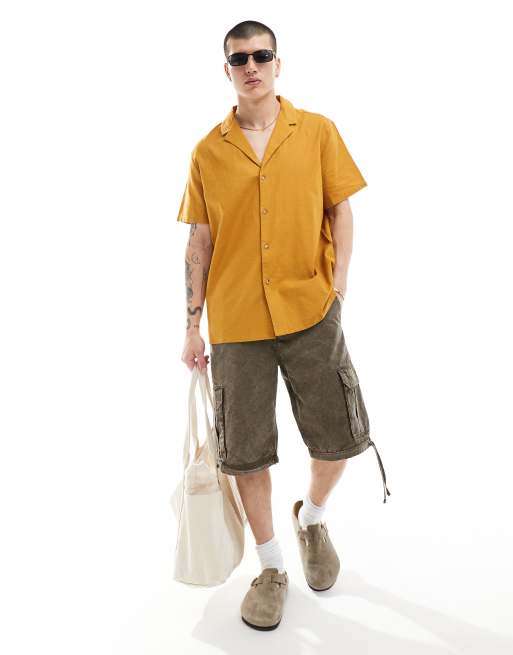 FhyzicsShops DESIGN relaxed linen blend von shirt with deep revere collar in mustard