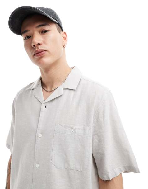 ASOS DESIGN relaxed linen blend shirt with revere collar in light grey - view 1