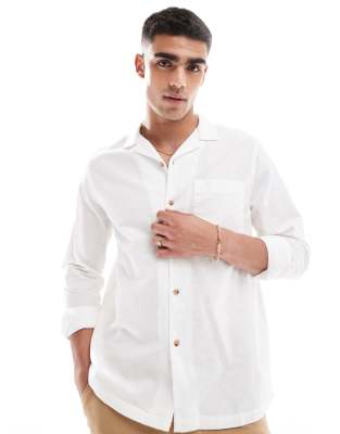 Asos Design Relaxed Linen Blend Shirt With Revere Collar In Navy-white