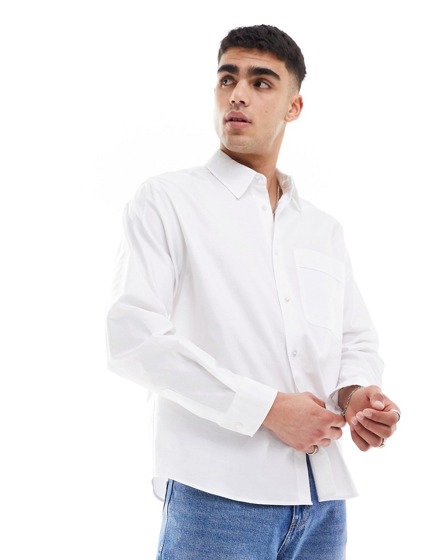 Asos Design Relaxed Linen Blend Shirt With Revere Collar In Navy-white