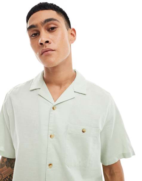 ASOS DESIGN relaxed linen blend shirt with revere collar in pale green - view 1