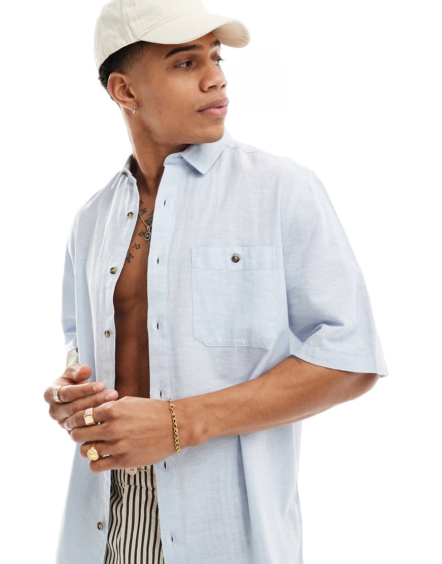 ASOS DESIGN relaxed linen blend shirt with square collar in pale blue