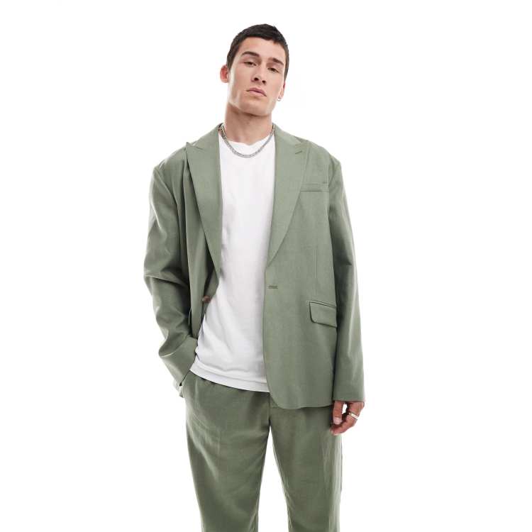 ASOS DESIGN relaxed linen blend slouchy suit jacket in olive