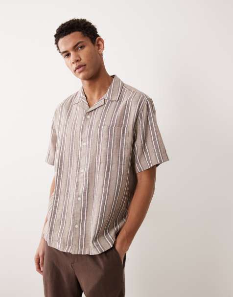ASOS DESIGN relaxed linen blend stripe shirt in brown