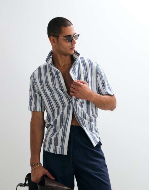 ASOS DESIGN relaxed linen blend stripe shirt in navy and white (part of a set) - view 1