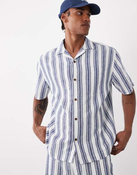 ASOS DESIGN relaxed linen blend striped shirt in navy and white - part of a set - view 1
