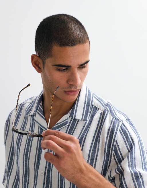 ASOS DESIGN relaxed linen blend striped shirt in navy and white - part of a set, 2 of 5