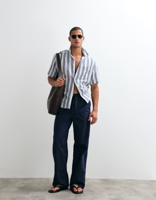 ASOS DESIGN relaxed linen blend striped shirt in navy and white - part of a set, 3 of 5