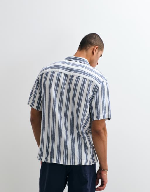 ASOS DESIGN relaxed linen blend striped shirt in navy and white - part of a set, 4 of 5