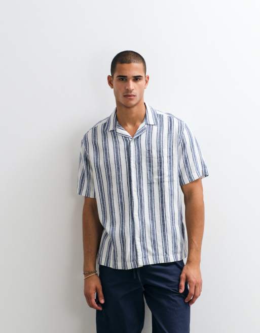 ASOS DESIGN relaxed linen blend striped shirt in navy and white - part of a set, 5 of 5