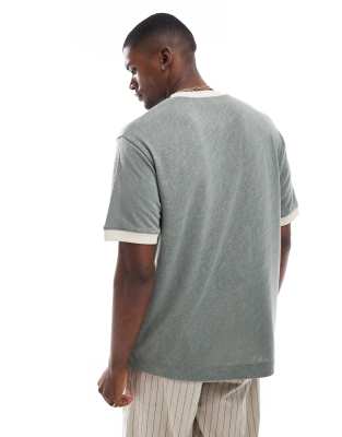 Asos Design Relaxed Linen Look Contrast Seam T-shirt In Green