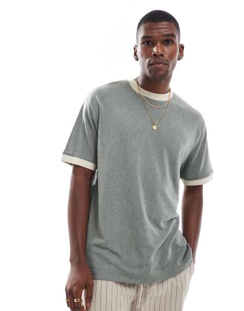 ASOS DESIGN relaxed linen look contrast seam t-shirt in grey - view 1
