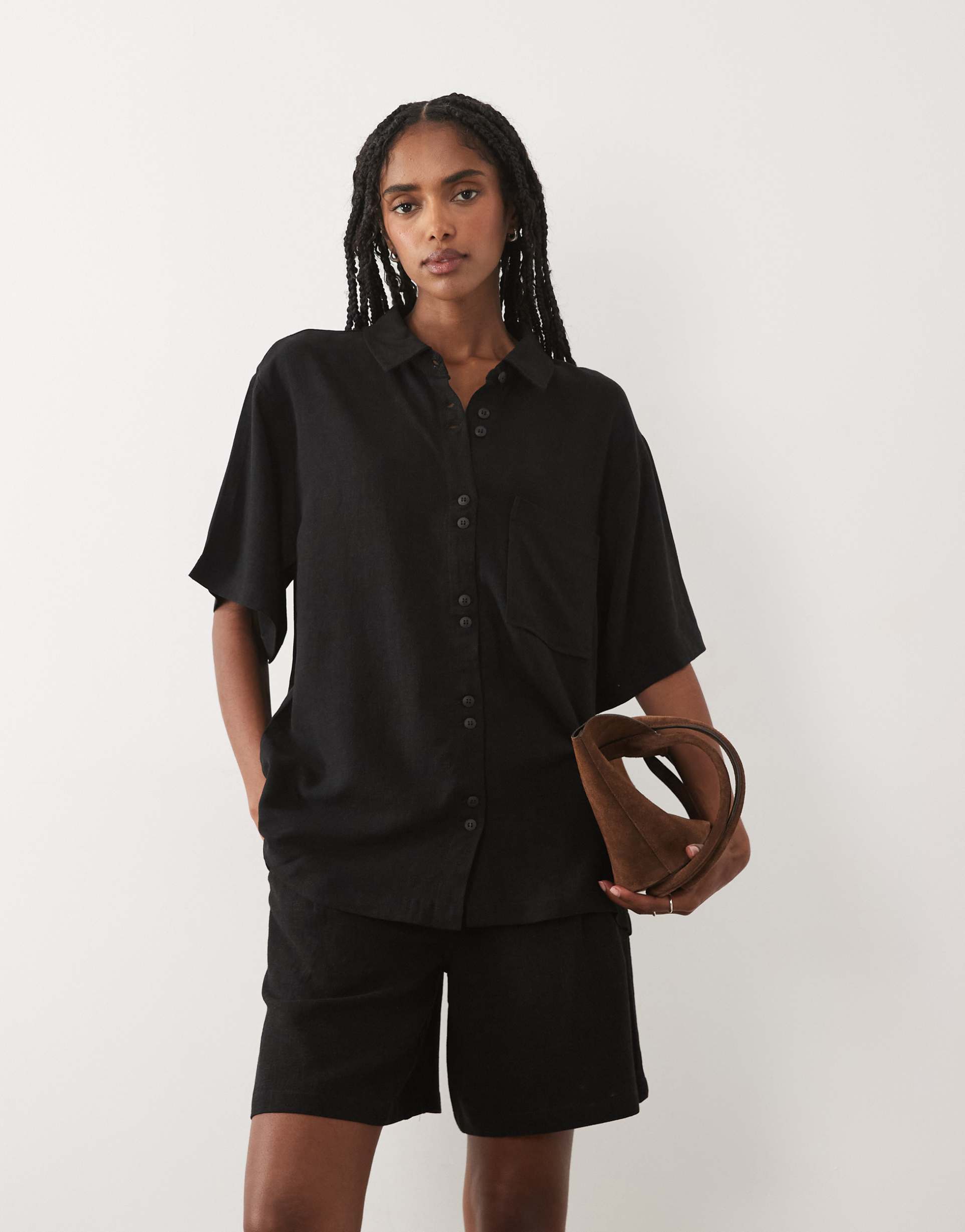 asos design relaxed linen look shirt in black