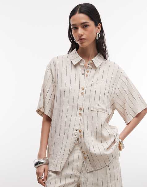 ASOS DESIGN relaxed linen-look shirt in natural stripe (Part of a set) - view 1