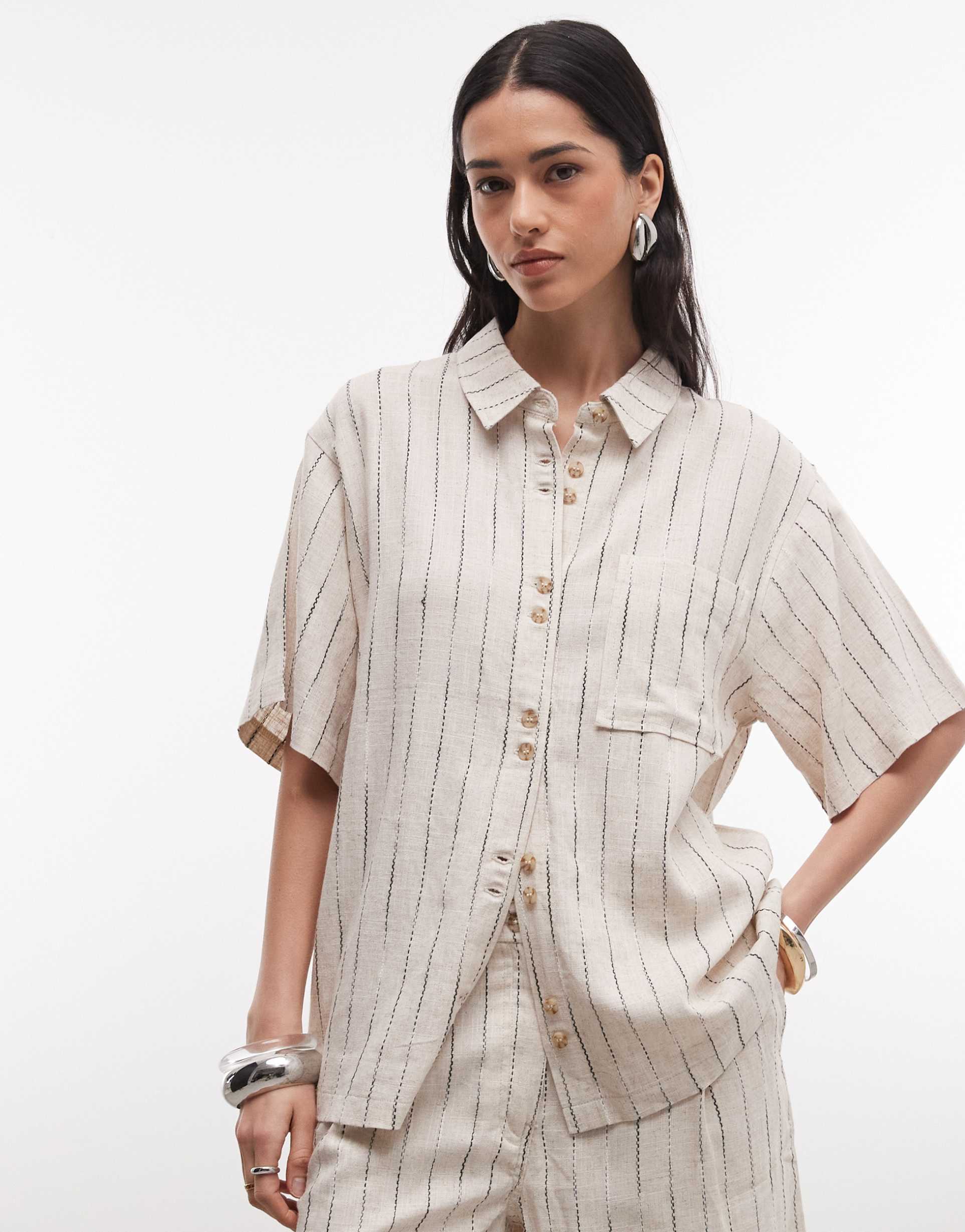 asos design relaxed linen look shirt in natural stripes - part of a set