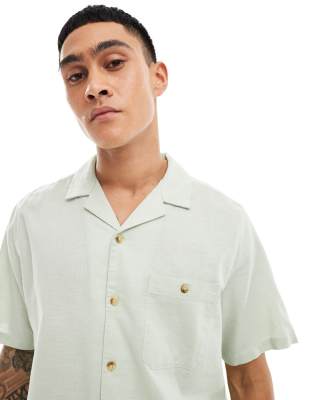 Asos Design Relaxed Linen Look Shirt With Camp Collar In Pale Green