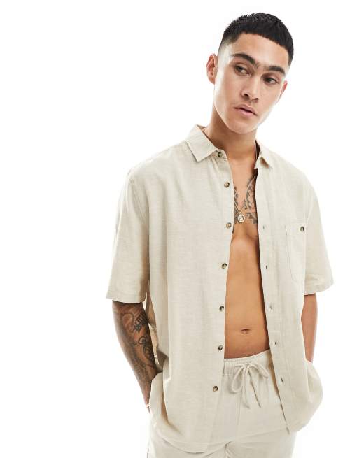 ASOS DESIGN relaxed linen look shirt with square collar in beige