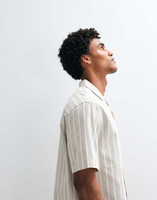 ASOS DESIGN relaxed linen look stripe shirt in green (part of a set), 3 of 9