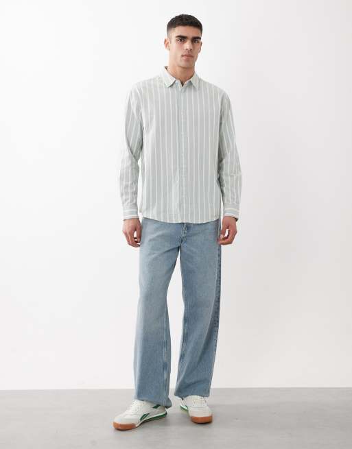 ASOS DESIGN relaxed linen look stripe shirt in green, 3 of 5