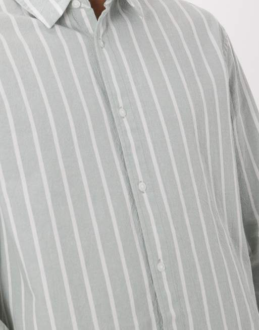 ASOS DESIGN relaxed linen look stripe shirt in green, 5 of 5