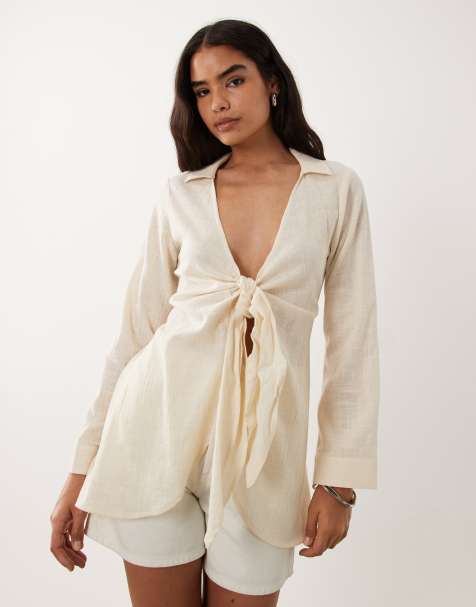 ASOS DESIGN relaxed linen mix shirt in natural - view 1