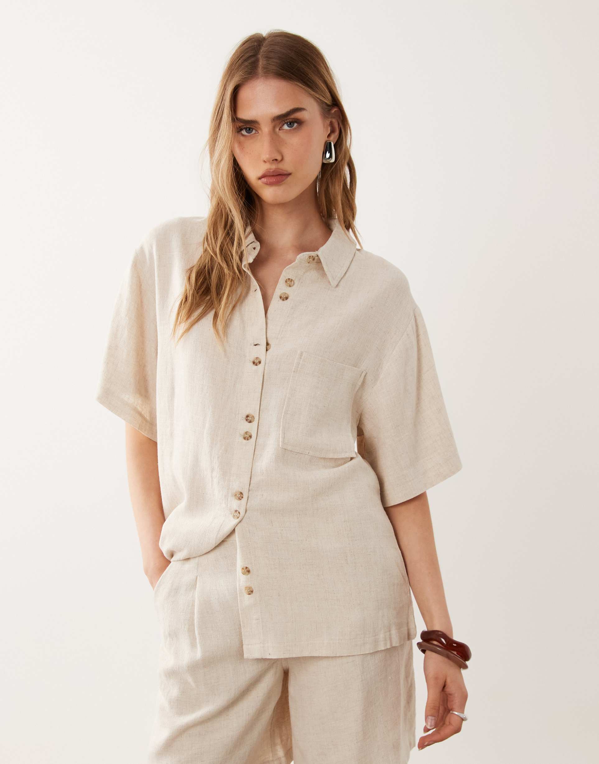 asos design relaxed linen mix shirt in natural