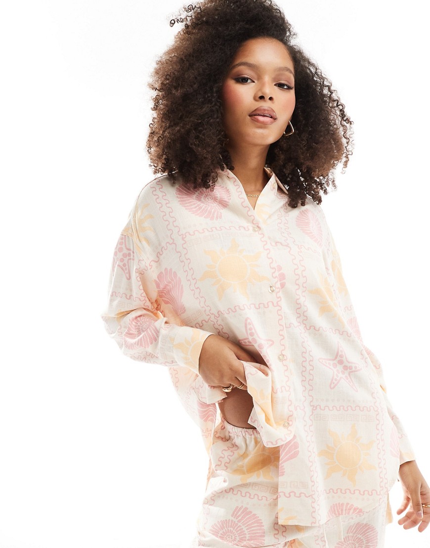 Asos Design Relaxed Linen Mix Shirt In Tile Print-multi In Pink