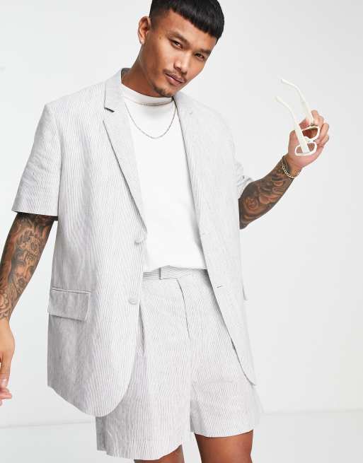 ASOS DESIGN relaxed linen mix short sleeve suit jacket with stripe in ecru