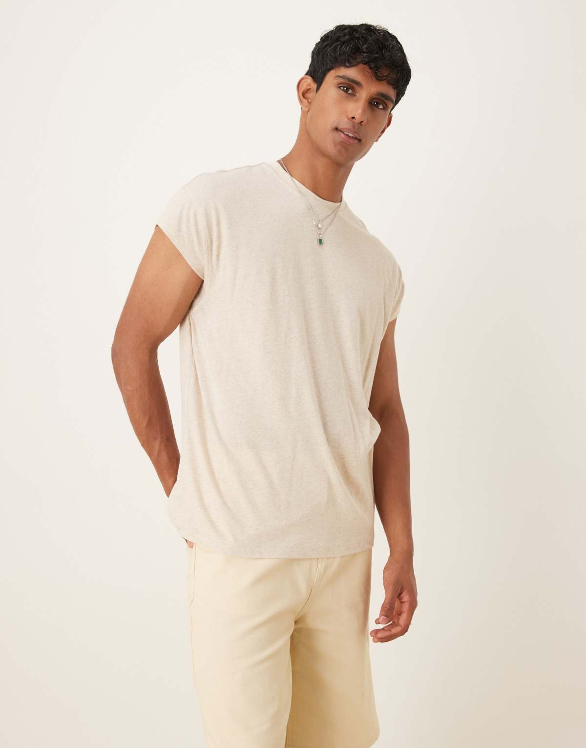 ASOS DESIGN relaxed linen mix t-shirt with cap sleeve in beige
