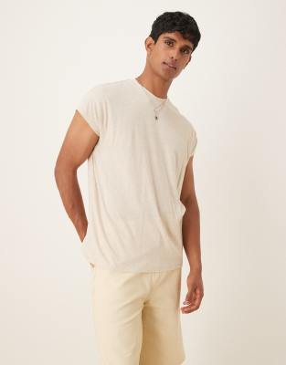 Asos Design Relaxed Linen Mix T-shirt With Cap Sleeves In Neutral