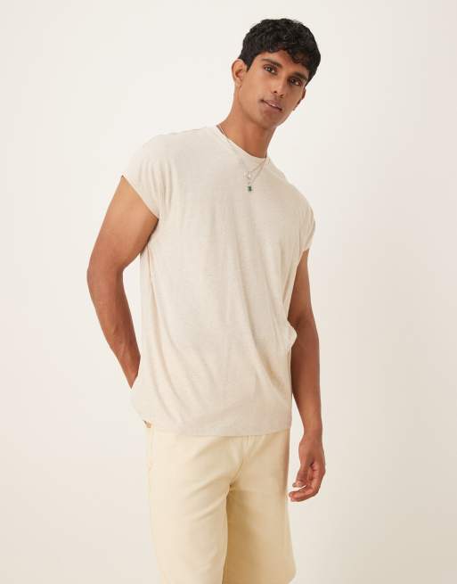 ASOS DESIGN relaxed linen mix t-shirt with cap sleeves in beige