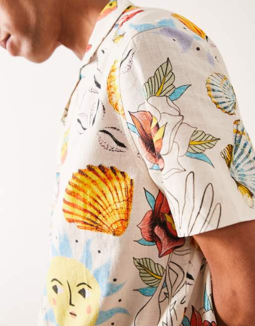 ASOS DESIGN relaxed linen mix white shirt with scribble conversational print, 3 of 4