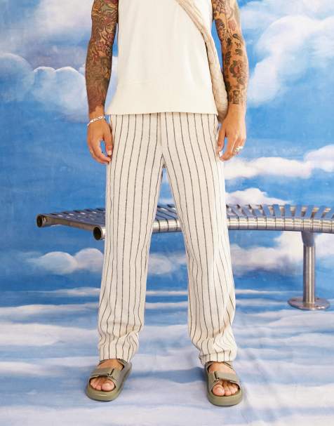 ASOS DESIGN relaxed linen pants in brown stripe - view 1