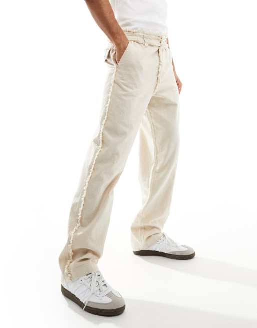 ASOS DESIGN relaxed linen pants in stone with frayed seams (part of a set)