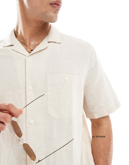 ASOS DESIGN relaxed linen shirt with revere collar in ecru, 3 of 4