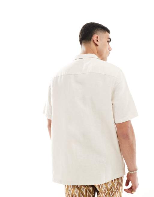 ASOS DESIGN relaxed linen shirt with revere collar in ecru, 4 of 4