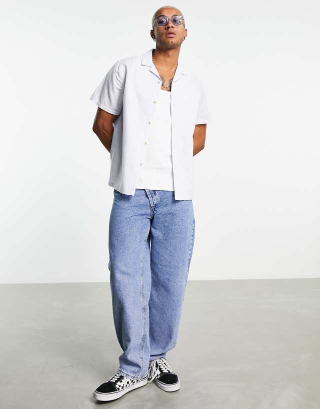 ASOS DESIGN relaxed linen shirt with revere collar in light blue