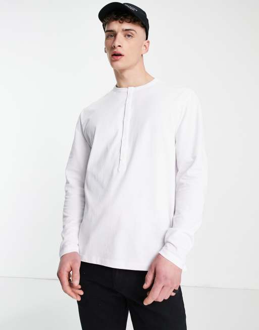 ASOS DESIGN relaxed long sleeve button down top with grandad collar in white 