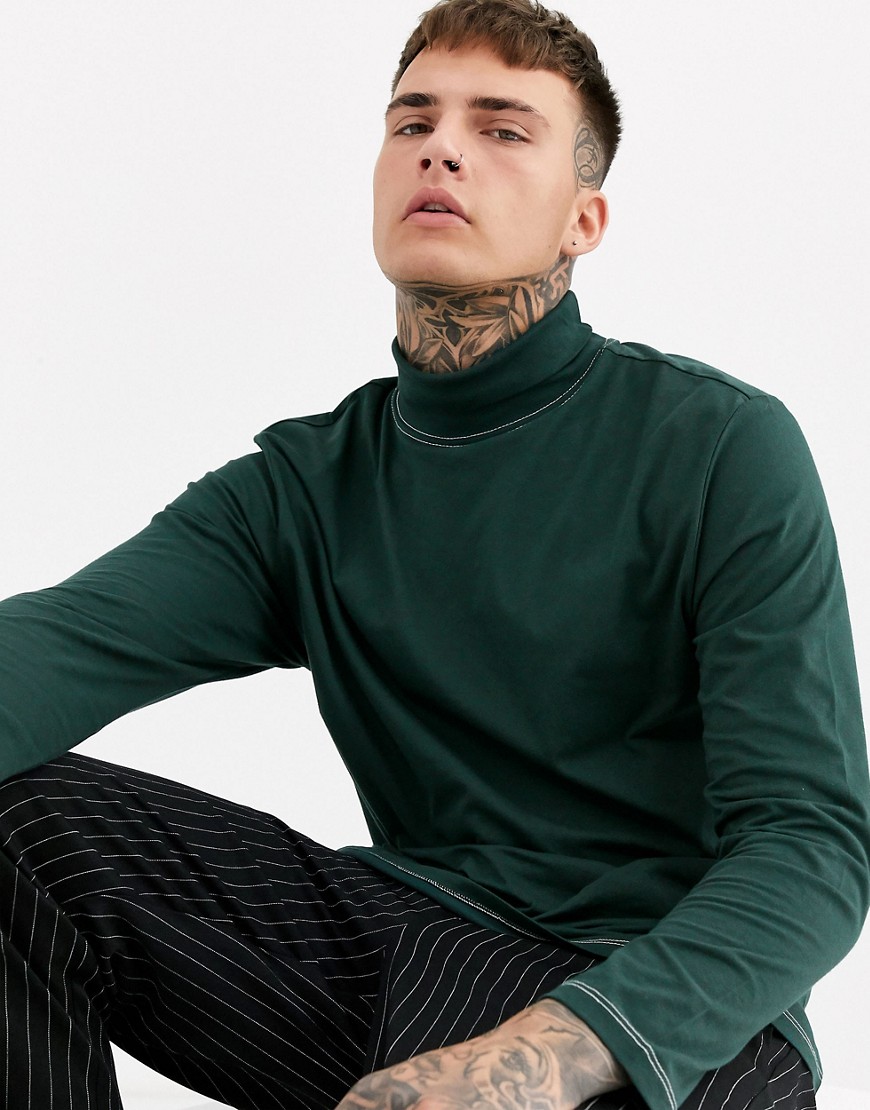 ASOS DESIGN relaxed long sleeve jersey roll neck and contrast stitching in green