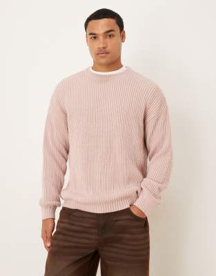 Asos Design Relaxed Long Sleeve Knit Crew Neck Stripe Sweater In Pink
