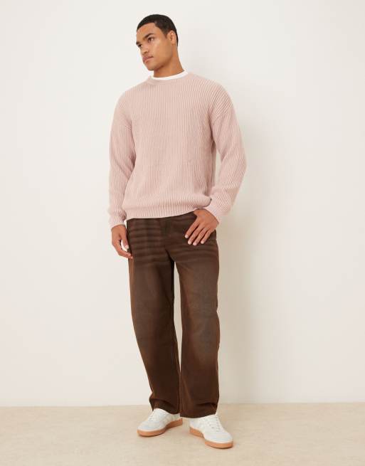 ASOS DESIGN relaxed long sleeve knit crew neck stripe sweater in pink